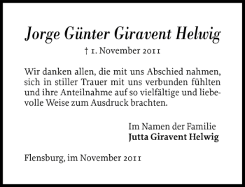 Traueranzeige von Jorge Günter Giravent Helwig von Flensburger Tageblatt