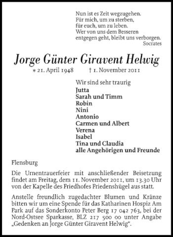 Traueranzeige von Jorge Günter Giravent Helwig von Flensburger Tageblatt