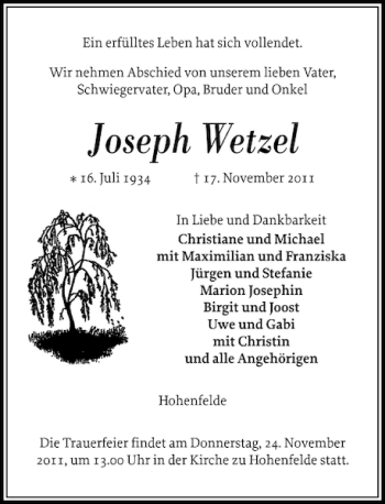 Traueranzeige von Joseph Wetzel von Norddeutsche Rundschau