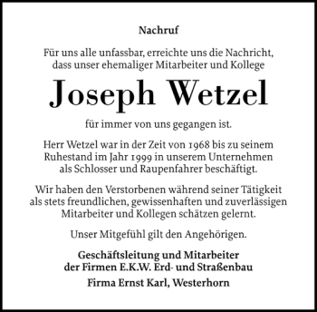 Traueranzeige von Joseph Wetzel von Elmshorner Nachrichten
