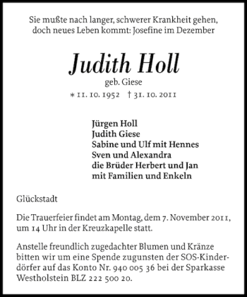 Traueranzeige von Judith Holl von Norddeutsche Rundschau