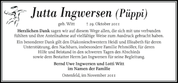 Traueranzeige von Jutta Ingwersen von Husumer Nachrichten