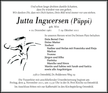 Traueranzeige von Jutta Ingwersen von Husumer Nachrichten
