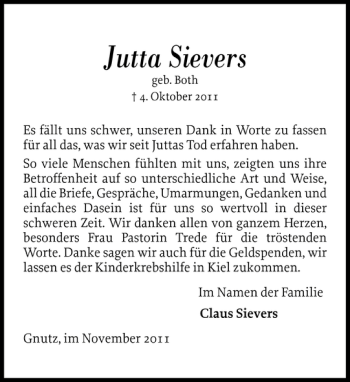 Traueranzeige von Jutta Sievers von Landeszeitung