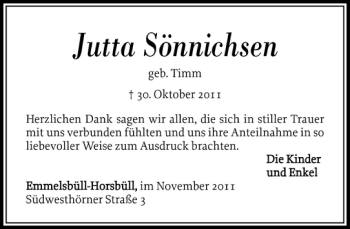 Traueranzeige von Jutta Sönnichsen von Husumer Nachrichten