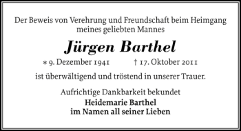 Traueranzeige von Jürgen Barthel von Holsteinischer Courier