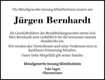 Traueranzeige von Jürgen Bernhardt von Holsteinischer Courier