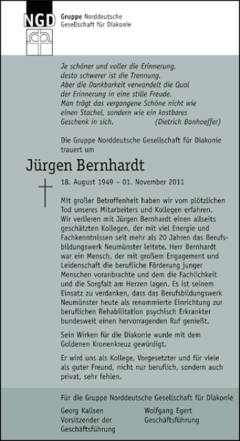 Traueranzeige von Jürgen Bernhardt von Holsteinischer Courier