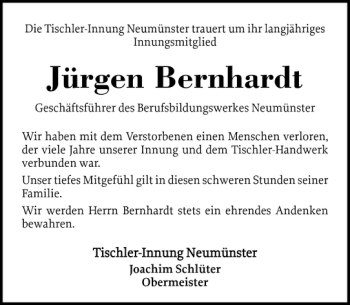 Traueranzeige von Jürgen Bernhardt von Holsteinischer Courier