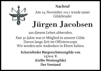 Traueranzeige von Jürgen Jacobsen von Eckernförder Zeitung