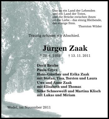 Traueranzeige von Jürgen Zaak von Pinneberger Tageblatt