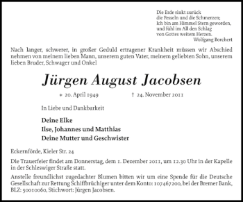 Traueranzeige von Jürgen August Jacobsen von Eckernförder Zeitung