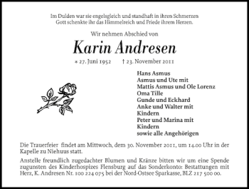Traueranzeige von Karin Andresen von Flensburger Tageblatt