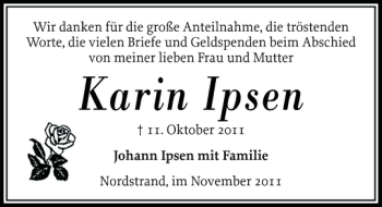 Traueranzeige von Karin Ipsen von Husumer Nachrichten