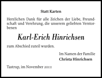 Traueranzeige von Karl-Erich Hinrichsen von Flensburger Tageblatt