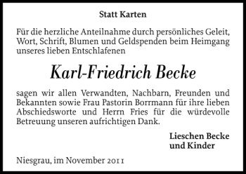 Traueranzeige von Karl-Friedrich Becke von Flensburger Tageblatt