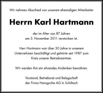 Traueranzeige von Karl Hartmann von Husumer Nachrichten