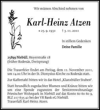 Traueranzeige von Karl-Heinz Atzen von Nordfriesland Tageblatt