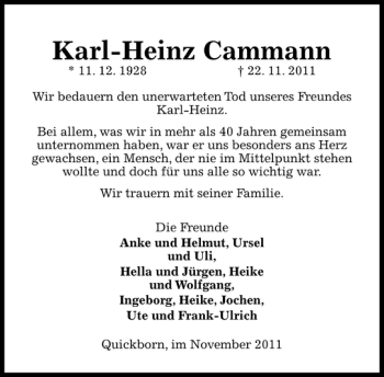 Traueranzeige von Karl-Heinz Cammann von Pinneberger Tageblatt