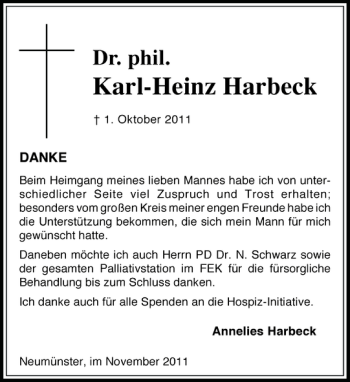 Traueranzeige von Karl-Heinz Harbeck von Holsteinischer Courier