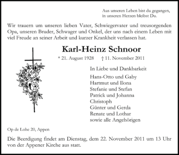 Traueranzeige von Karl-Heinz Schnoor von Pinneberger Tageblatt