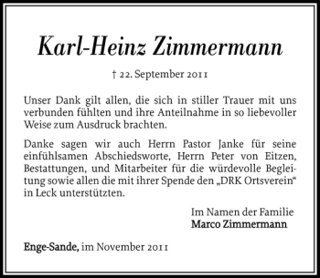 Traueranzeige von Karl-Heinz Zimmermann von Nordfriesland Tageblatt
