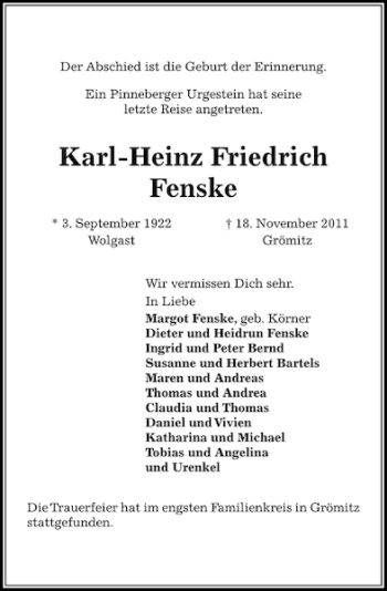 Traueranzeige von Karl-Heinz Friedrich Fenske von Pinneberger Tageblatt