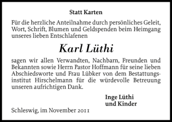 Traueranzeige von Karl Lüthi von Schleswiger Nachrichten