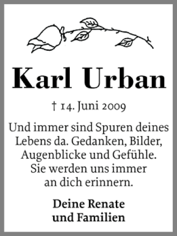Traueranzeige von Karl Urban von Holsteinischer Courier