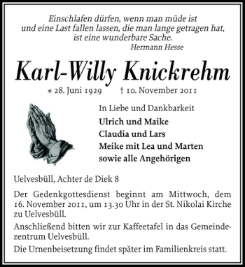 Traueranzeige von Karl-Willy Knickrehm von Husumer Nachrichten