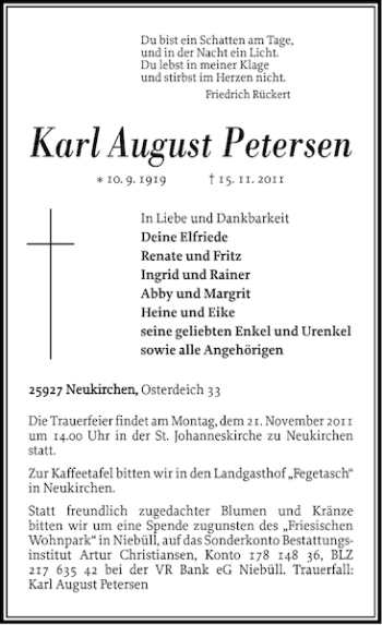 Traueranzeige von Karl August Petersen von Nordfriesland Tageblatt
