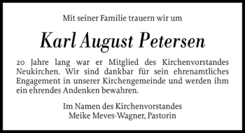 Traueranzeige von Karl August Petersen von Nordfriesland Tageblatt