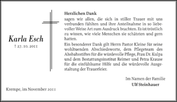 Traueranzeige von Karla Esch von Norddeutsche Rundschau