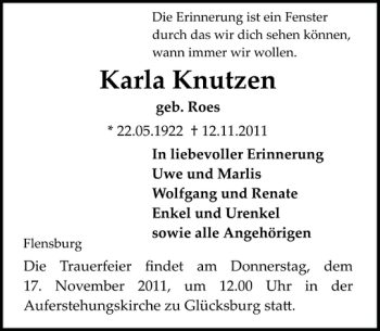 Traueranzeige von Karla Knutzen von Flensburger Tageblatt