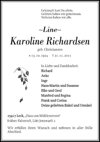Traueranzeige von Karoline Richardsen von Flensburger Tageblatt