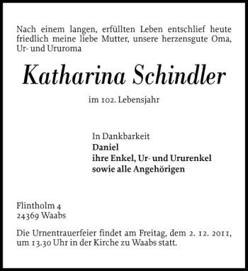 Traueranzeige von Katharina Schindler von Eckernförder Zeitung