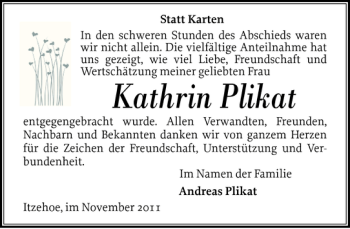 Traueranzeige von Kathrin Plikat von Norddeutsche Rundschau
