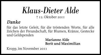 Traueranzeige von Klaus-Dieter Alde von Landeszeitung