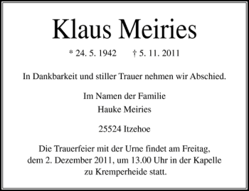 Traueranzeige von Klaus Meiries von Norddeutsche Rundschau