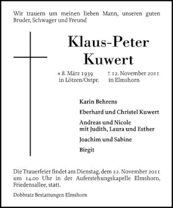 Traueranzeige von Klaus-Peter Kuwert von Elmshorner Nachrichten