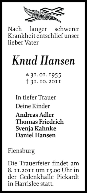 Traueranzeige von Knud Hansen von Flensburger Tageblatt