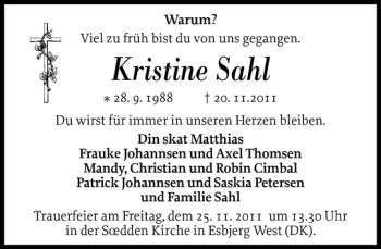 Traueranzeige von Kristine Sahl von Flensburger Tageblatt