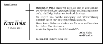 Traueranzeige von Kurt Holst von Norddeutsche Rundschau