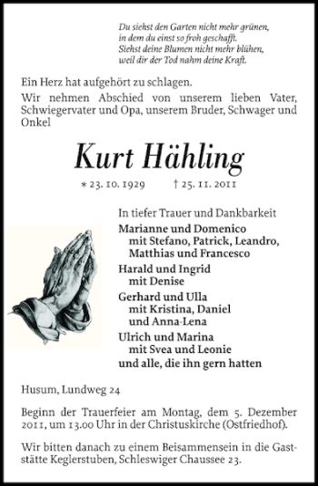 Traueranzeige von Kurt Hähling von Husumer Nachrichten
