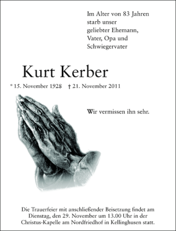 Traueranzeige von Kurt Kerber von Norddeutsche Rundschau