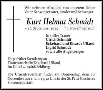 Traueranzeige von Kurt Helmut Schmidt von Flensburger Tageblatt