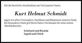 Traueranzeige von Kurt Helmut Schmidt von Flensburger Tageblatt