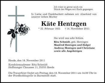 Traueranzeige von Käte Hentzgen von Barmstedter Zeitung