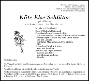 Traueranzeige von Käte Else Schlüter von Schleswiger Nachrichten