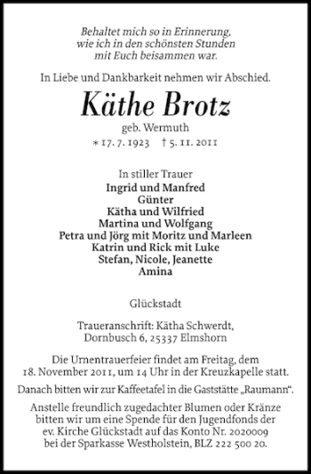 Traueranzeige von Käthe Brotz von Norddeutsche Rundschau